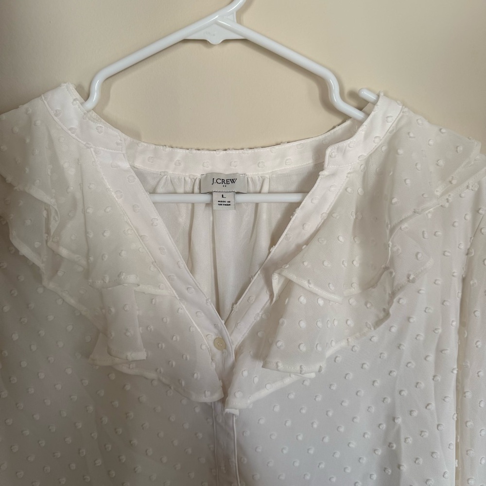 J. Crew Ivory Clip-Dot V-Neck Ruffled Button Up Long Sleeve Shirt Size Large - Picture 3 of 8